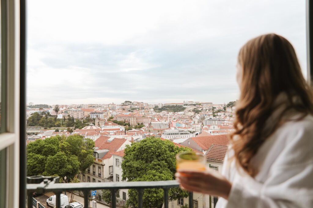 View over Lisbon from a Prestige room at Palácio Ludovice in Bairro Alto, above the São Pedro de Alcântara viewpoint